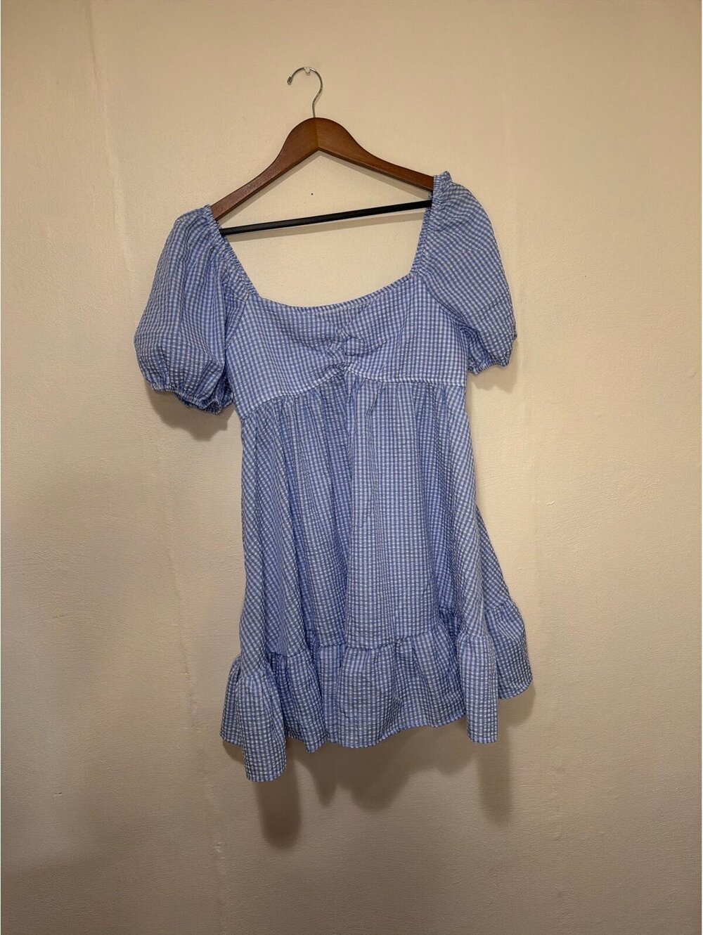 Blue Gingham Puff Sleeve Ruffle Mini Dress